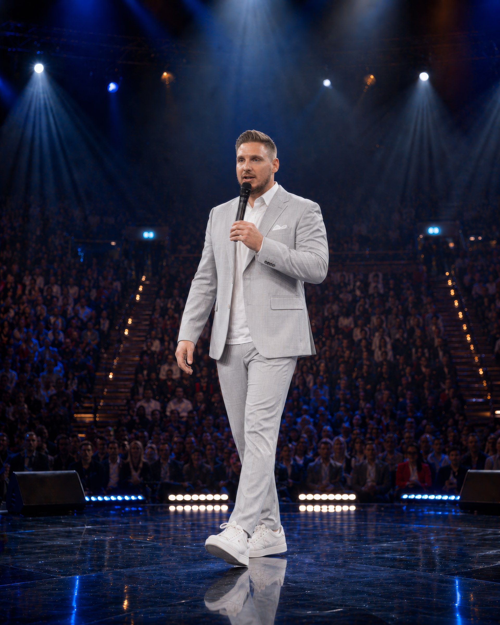 Fabian Fitzner on stage in front of a packed arena